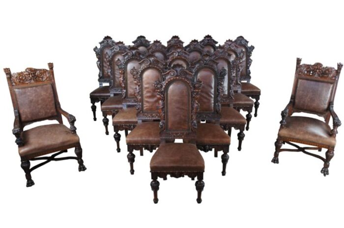 antique victorian carved mahogany leather high relief dining chairs set of 18 6664