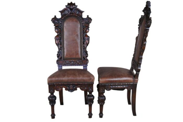 antique victorian carved mahogany leather high relief dining chairs set of 18 6748