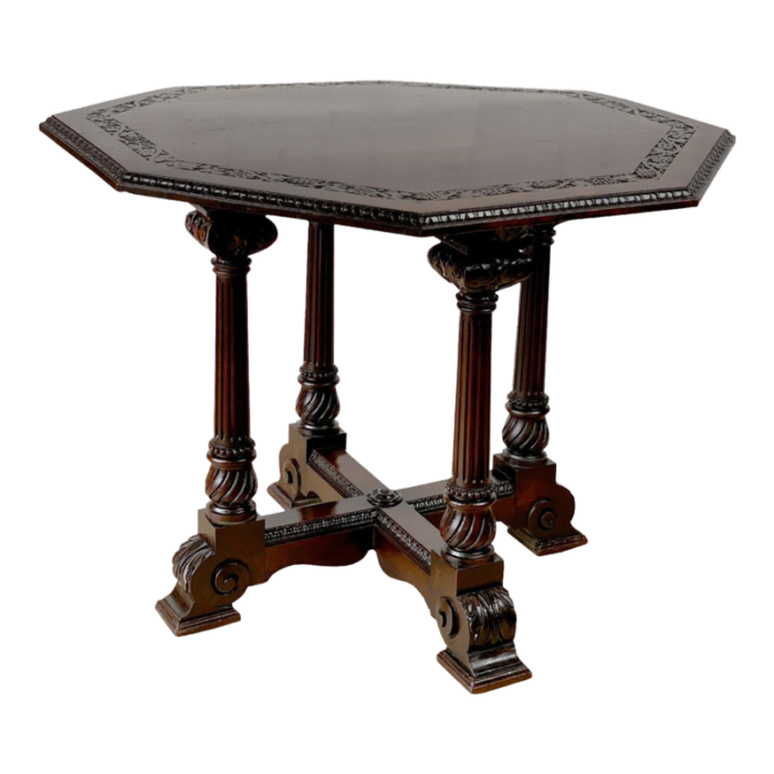 antique victorian walnut carved grapevine motif octagonal library table 0337