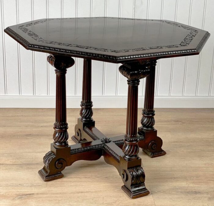 antique victorian walnut carved grapevine motif octagonal library table 3609