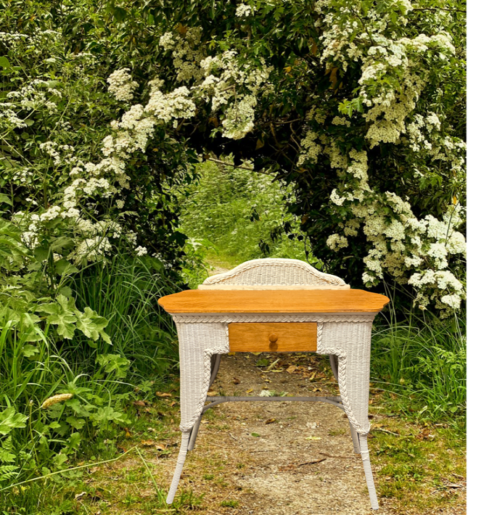 antique white wicker and quarter sawn oak writing desk or dresser vanity table 1920s 1254