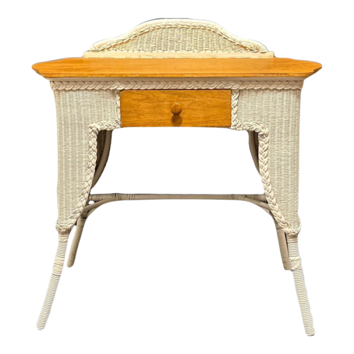 antique white wicker and quarter sawn oak writing desk or dresser vanity table 1920s 2003