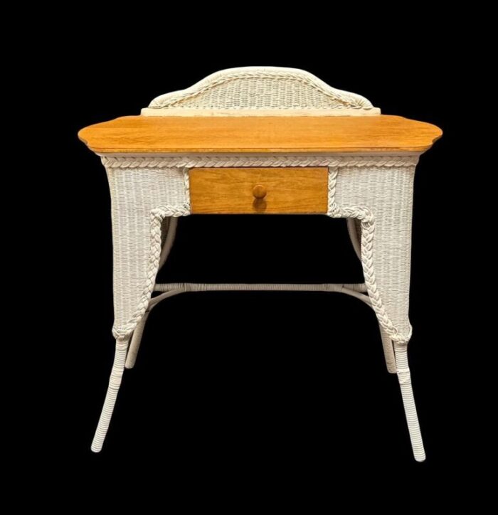 antique white wicker and quarter sawn oak writing desk or dresser vanity table 1920s 9409