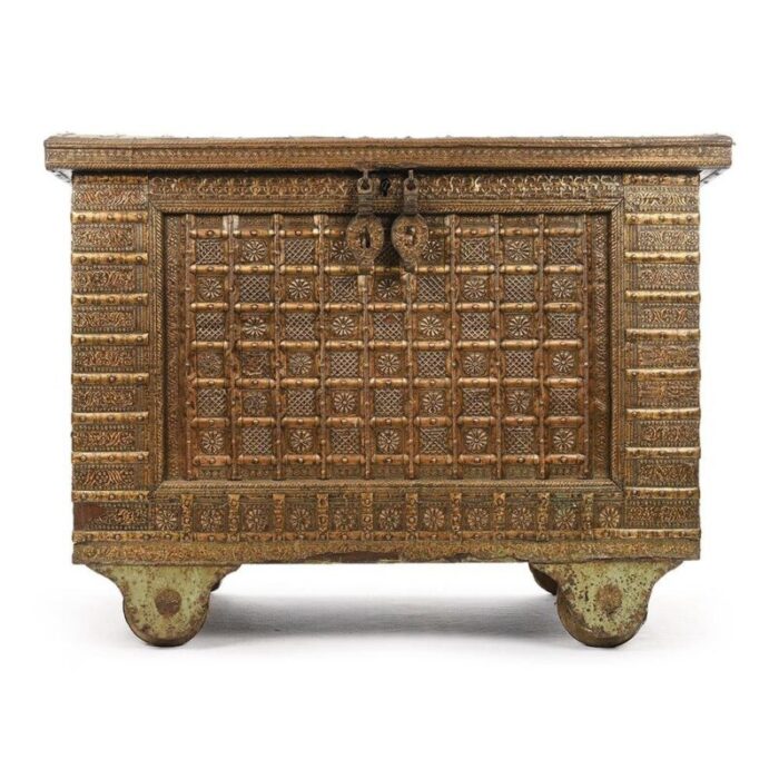 antique wood chest with steel and brass fittings 1840s 1