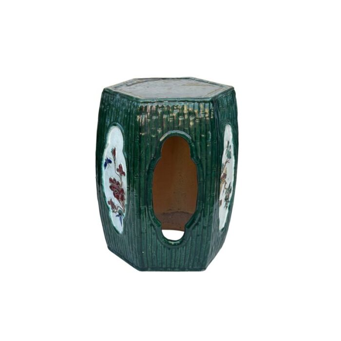 asian hexagon green open window flower bamboo motif clay garden stool table 0165