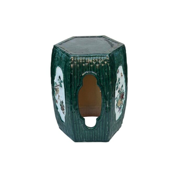 asian hexagon green open window flower bamboo motif clay garden stool table 5377