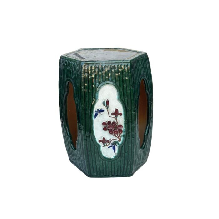 asian hexagon green open window flower bamboo motif clay garden stool table 5964