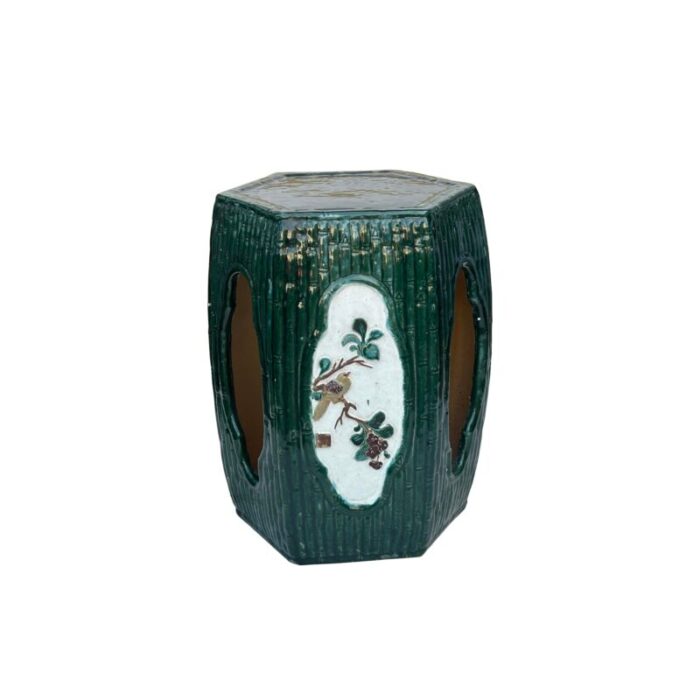 asian hexagon green open window flower bamboo motif clay garden stool table 6166