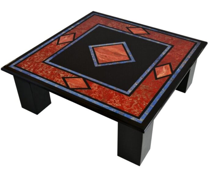 black square coffee table with inlaid slate top and 4 slate columns handmade in italy from cupioli 2