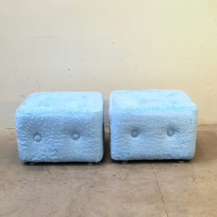 blue plush ottomans 1970s set of 2 1