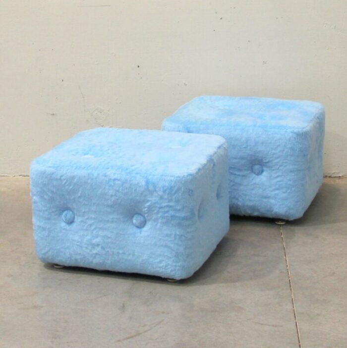 blue plush ottomans 1970s set of 2 2