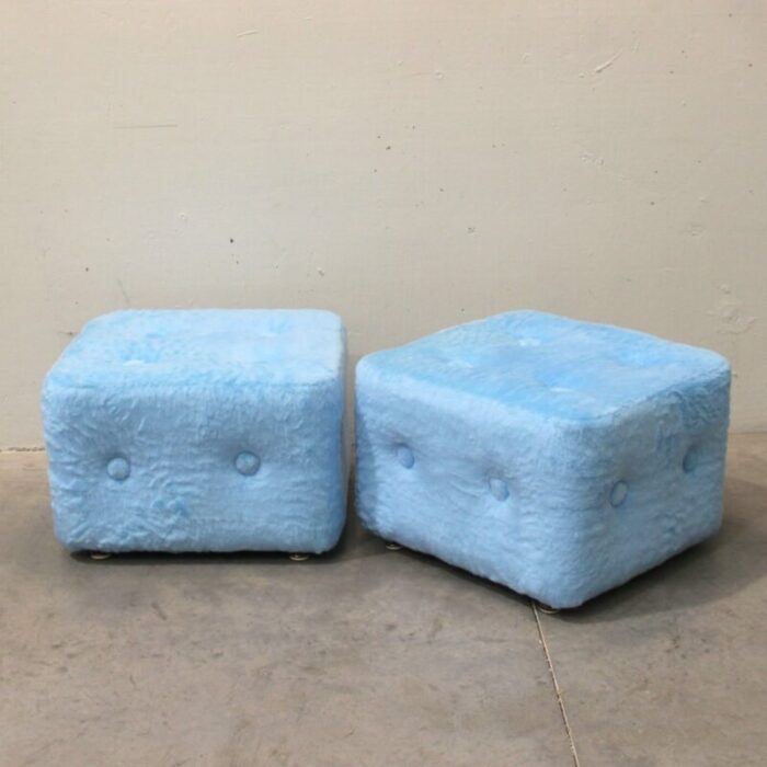 blue plush ottomans 1970s set of 2 3