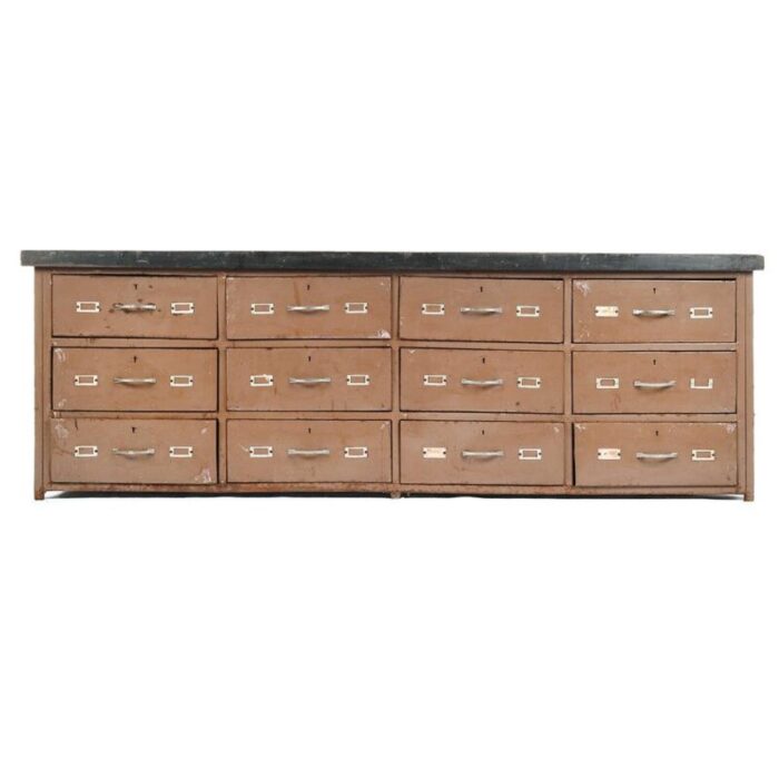 brown cabinet with wooden top and metal drawers 1