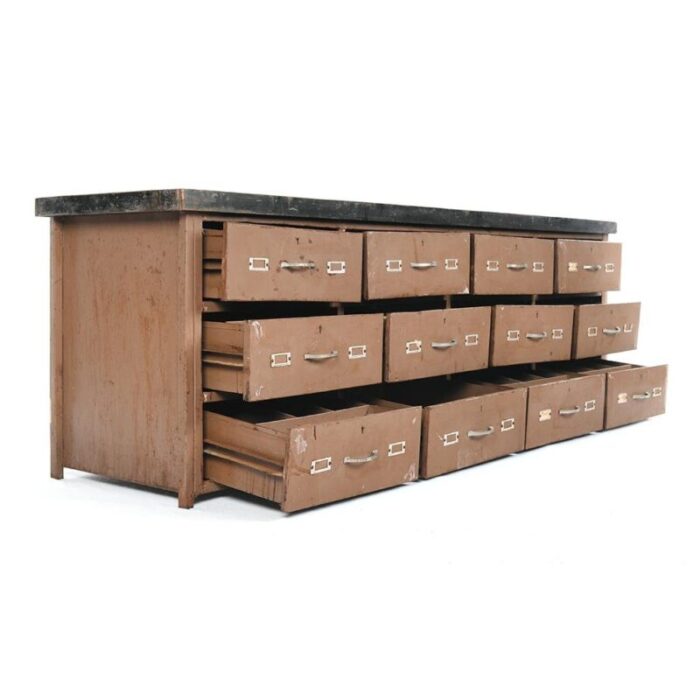 brown cabinet with wooden top and metal drawers 2