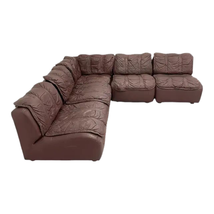 brown leather patinated 1970s sectional sofa in the manner of desede 2116