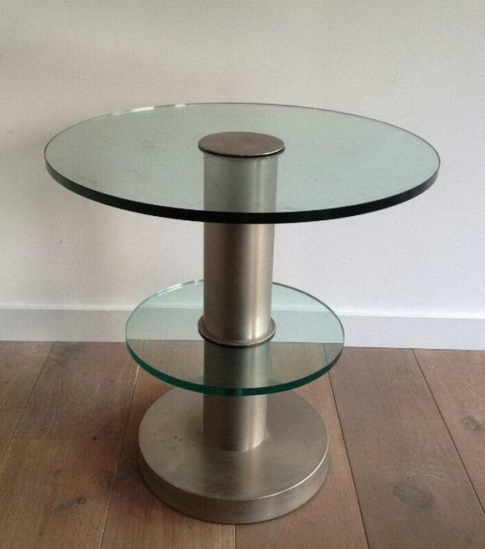 brushed metal and glass round occasional table 1960s 1