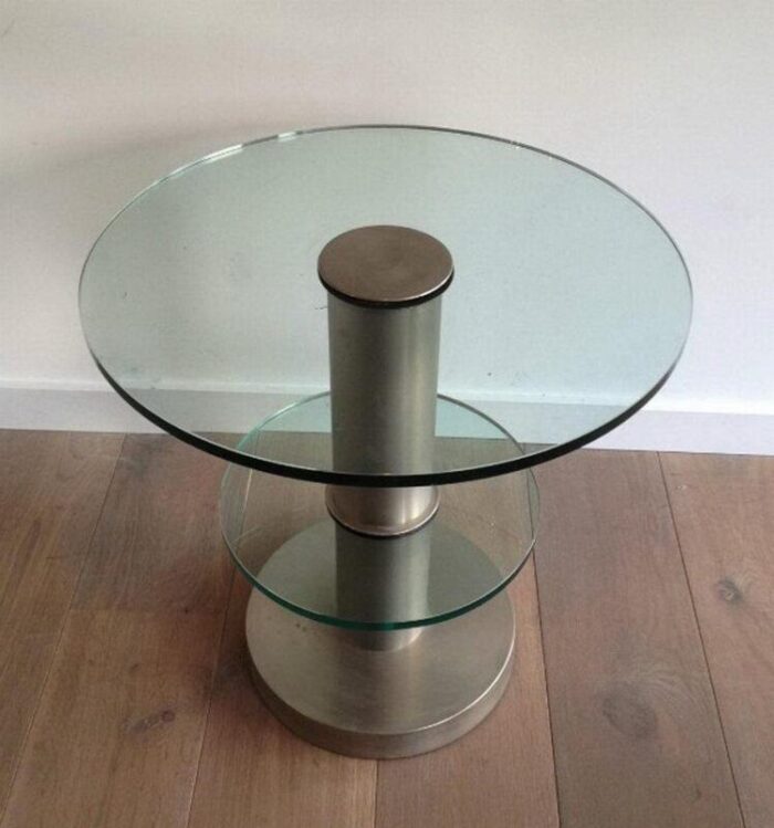 brushed metal and glass round occasional table 1960s 2