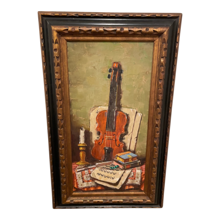 canvas on oil of a still life painting of a violin upright on a table with sheet music and books 6646