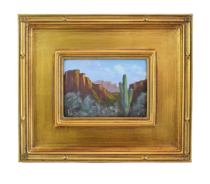 canyon and saguaro cactus impressionist landscape oil painting w antiqued gold wood frame 0001