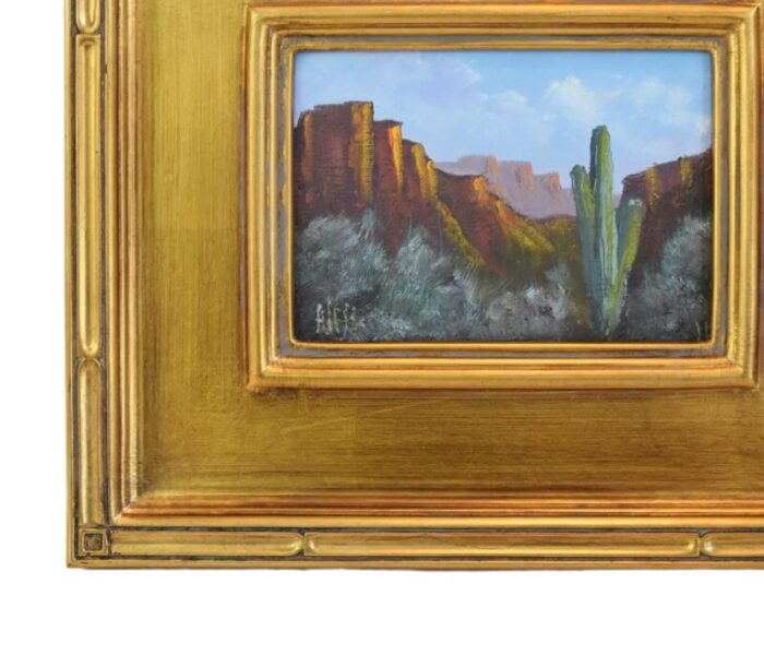 canyon and saguaro cactus impressionist landscape oil painting w antiqued gold wood frame 2475