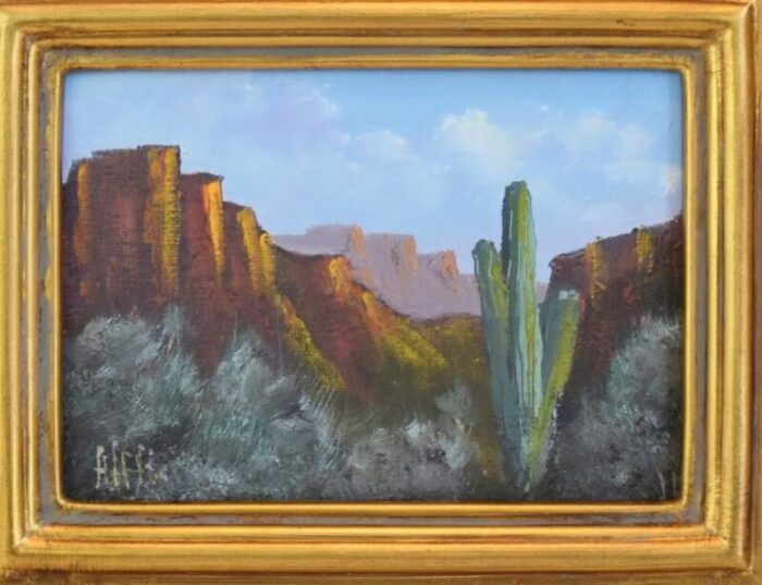 canyon and saguaro cactus impressionist landscape oil painting w antiqued gold wood frame 5968