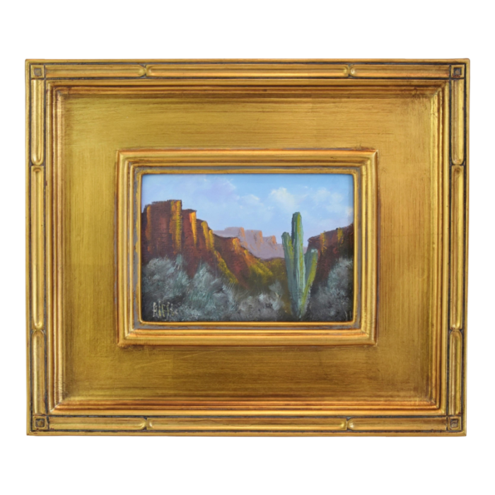 canyon and saguaro cactus impressionist landscape oil painting w antiqued gold wood frame 9631