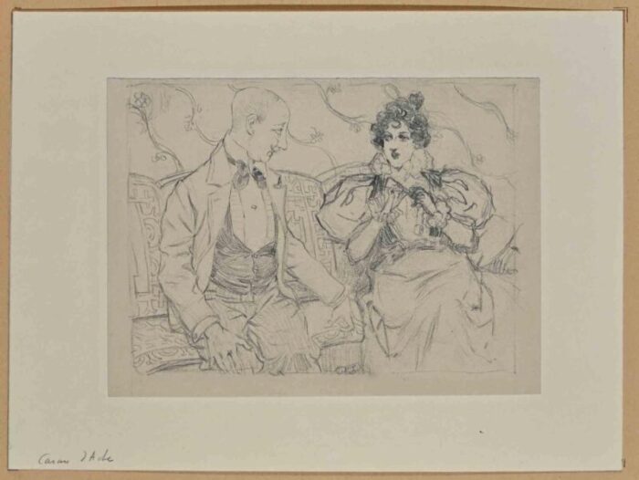 caran dache a couple on the sofa pencil drawing on paper late 19th century 5846