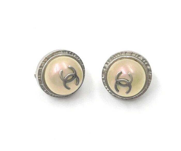 chanel silver cc iridescent pearl gumball clip on earrings 2 pieces 2297