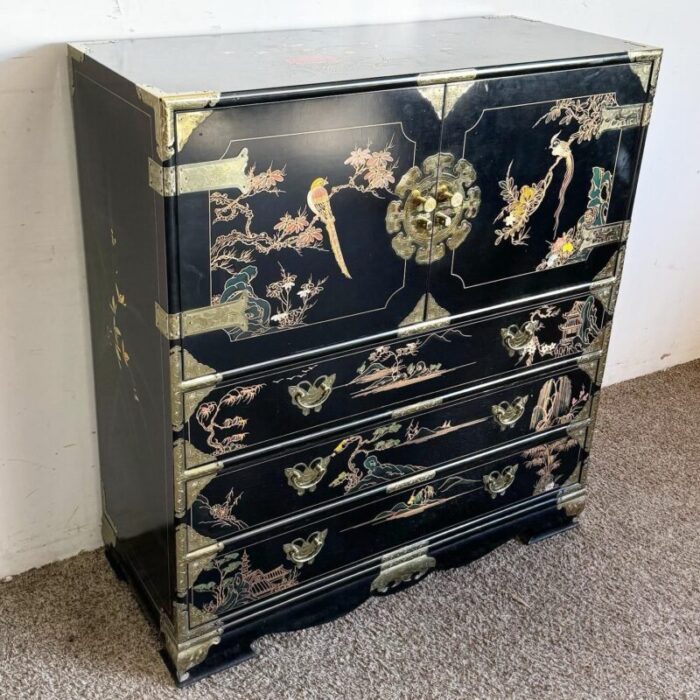 chinese black and gold and hand painted armoirechest of drawers 5383