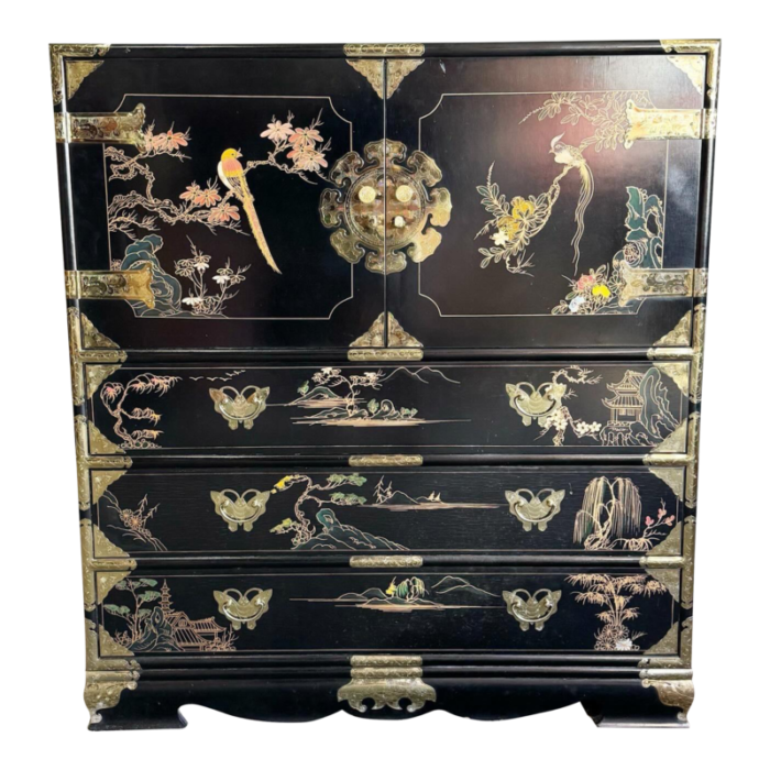 chinese black and gold and hand painted armoirechest of drawers 6774