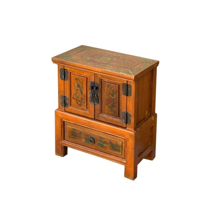 chinese distressed orange flower graphic end table nightstand 3410