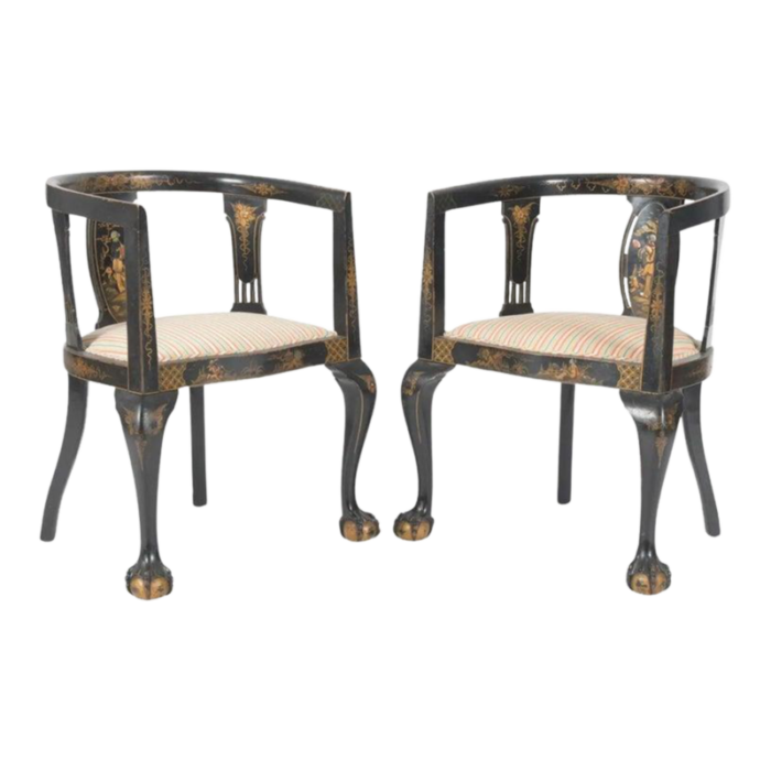 chinoiserie ebonized gilt accent clawfoot tub armchairs pair 0688