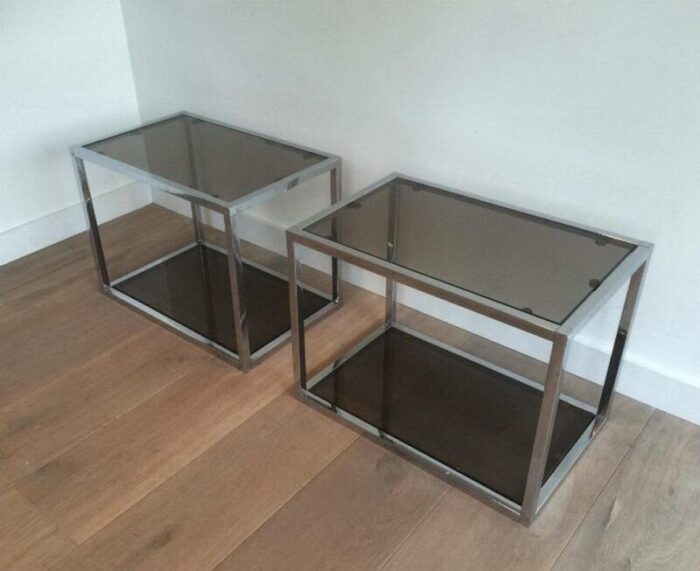 chrome side tables with smoked glass 1970s set of 2 2