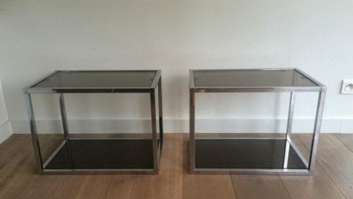 chrome side tables with smoked glass 1970s set of 2 3