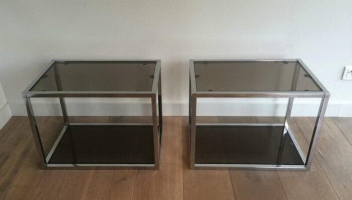 chrome side tables with smoked glass 1970s set of 2 6