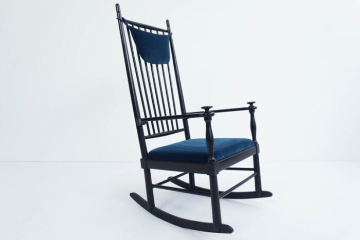 danish rocking chair in blu laguna velvet by hans j wegner 1950s 1