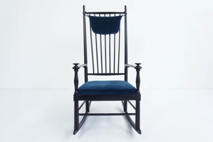 danish rocking chair in blu laguna velvet by hans j wegner 1950s 6