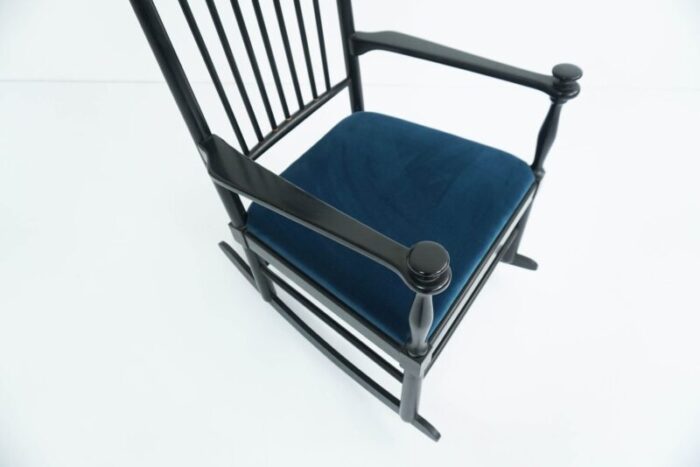 danish rocking chair in blu laguna velvet by hans j wegner 1950s 9