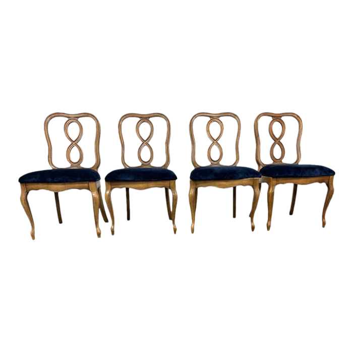 drexel mid 20th century pecan wood french country dining chairs with new blue velvet upholstery set of 4 6464