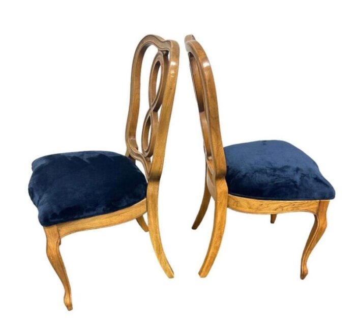 drexel mid 20th century pecan wood french country dining chairs with new blue velvet upholstery set of 4 9231