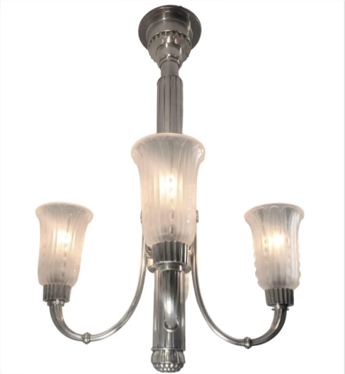 early 20th century original leleu silvered bronze 4 arm chandelier with frosted art glass tulips 0816