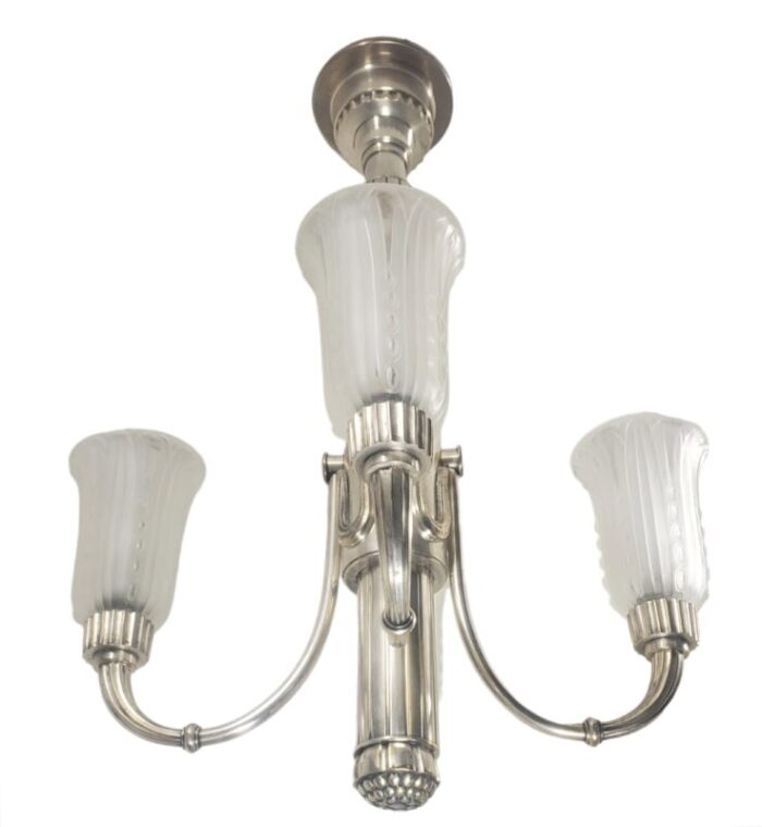 early 20th century original leleu silvered bronze 4 arm chandelier with frosted art glass tulips 1204