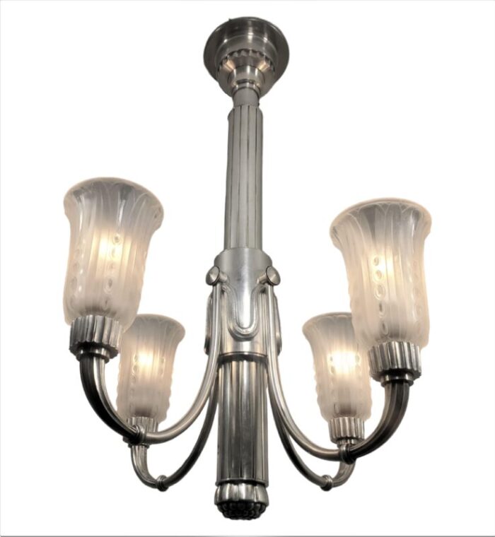 early 20th century original leleu silvered bronze 4 arm chandelier with frosted art glass tulips 1591