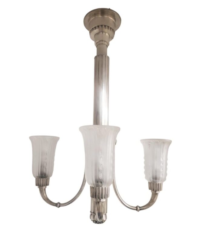 early 20th century original leleu silvered bronze 4 arm chandelier with frosted art glass tulips 2912