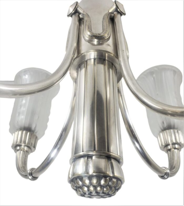 early 20th century original leleu silvered bronze 4 arm chandelier with frosted art glass tulips 4457