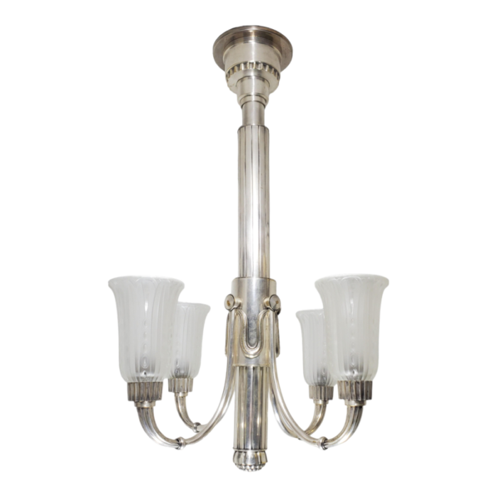 early 20th century original leleu silvered bronze 4 arm chandelier with frosted art glass tulips 4857