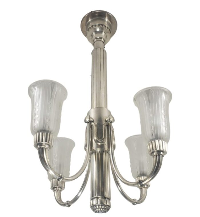 early 20th century original leleu silvered bronze 4 arm chandelier with frosted art glass tulips 5765