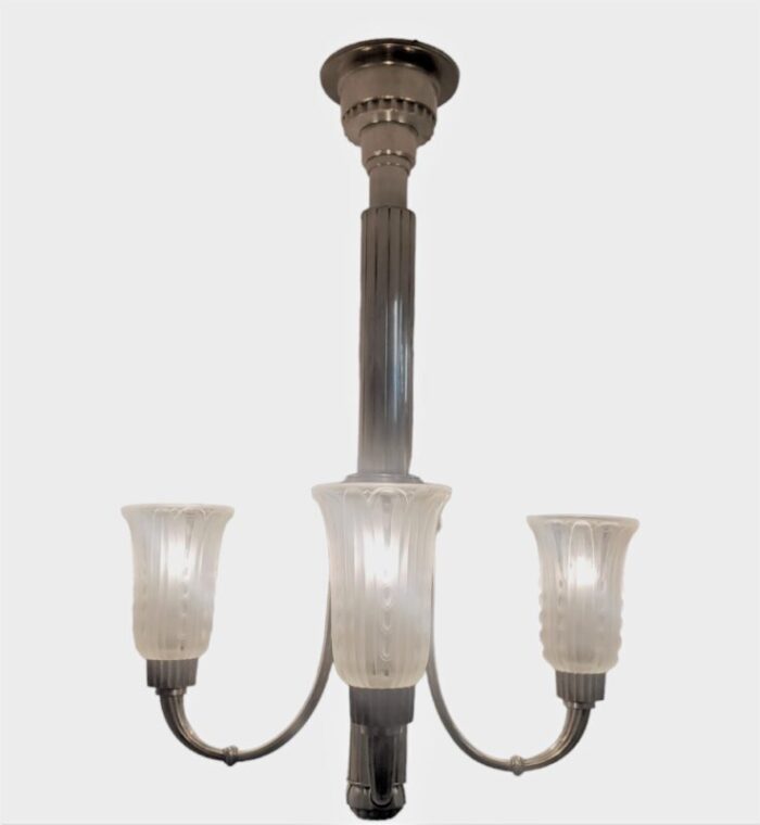 early 20th century original leleu silvered bronze 4 arm chandelier with frosted art glass tulips 6721