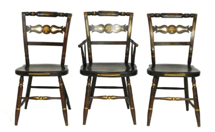 early 20th century set of 6 hitchcock style windsor chairs grain painted stenciled gold accents 0038