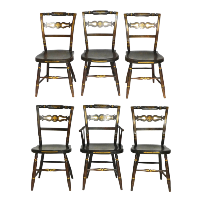 early 20th century set of 6 hitchcock style windsor chairs grain painted stenciled gold accents 8020